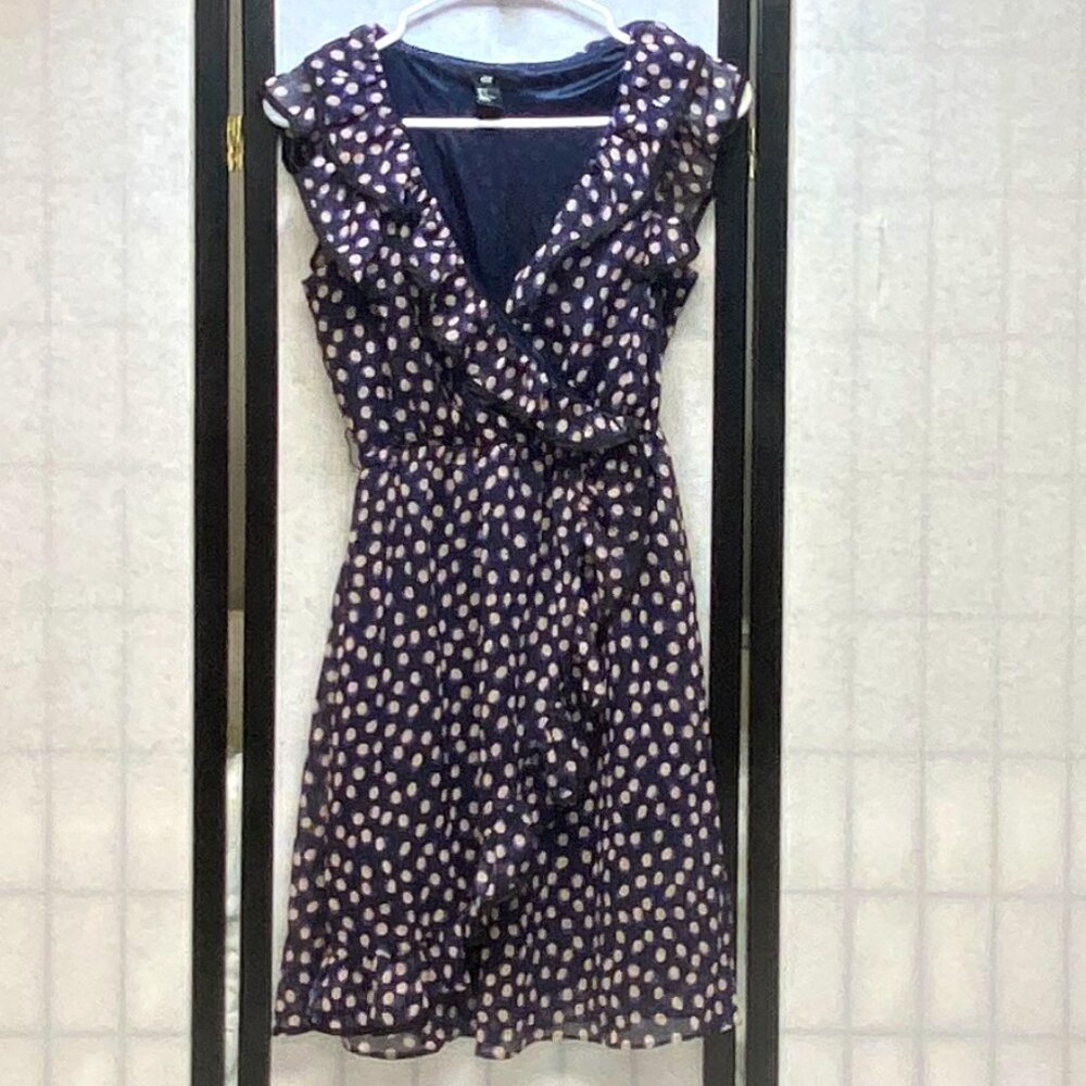 H&M Ruffle Sleeve Sheer Lined Ruffled Faux Wrap Dotted Dress Navy Tan 6